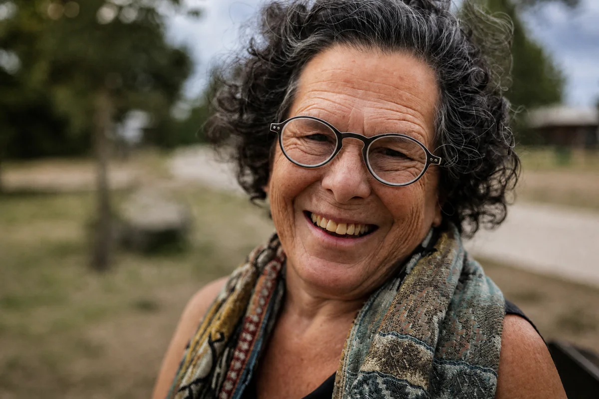 Amy Glin laughing outdoors in a patterned scarf