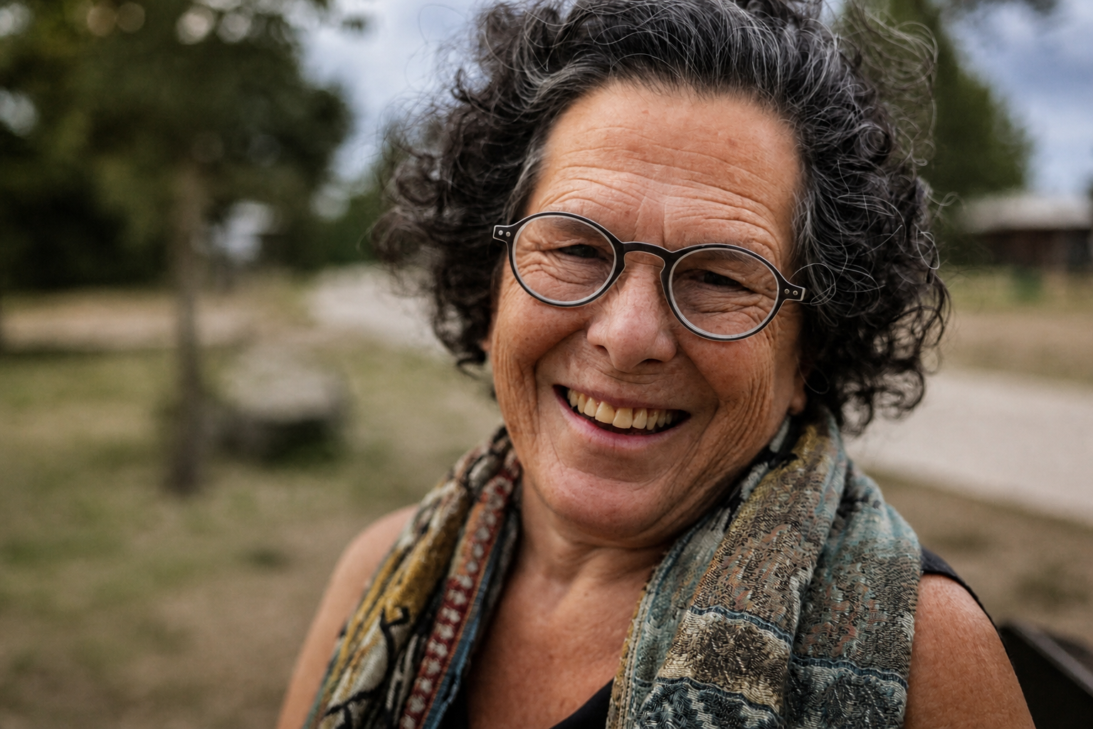 Amy Glin laughing outdoors in a patterned scarf