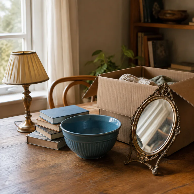 Meaningful belongings being thoughtfully sorted beside an open box