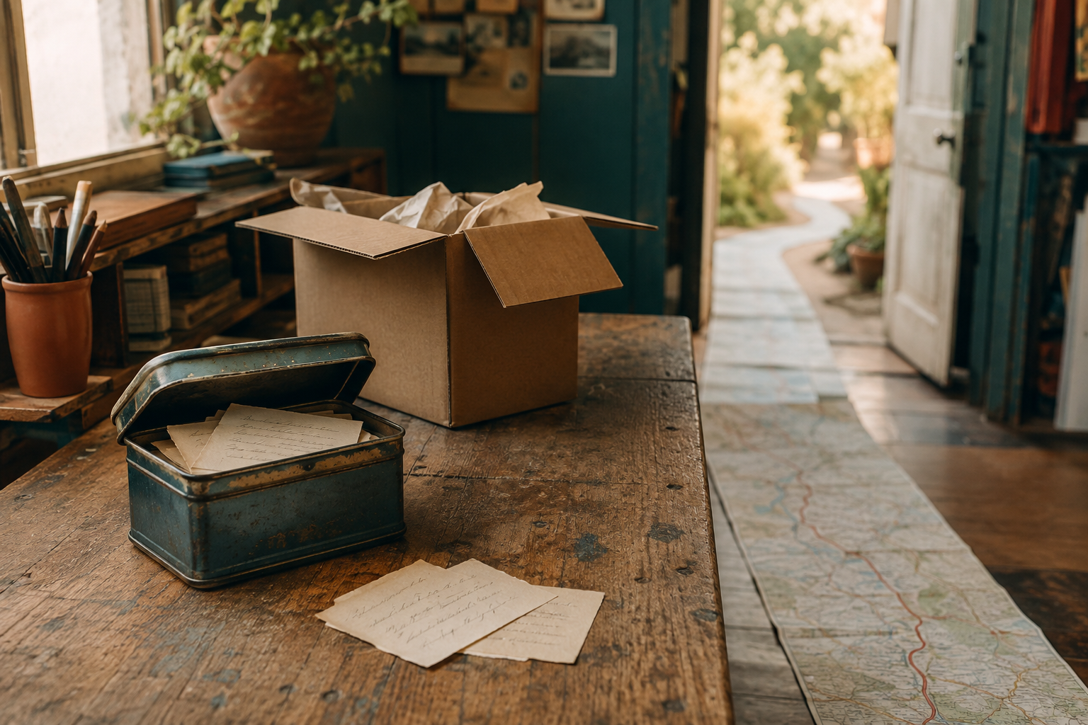 A vintage tin of handwritten quotations, a packing box, and a road map on a wooden worktable
