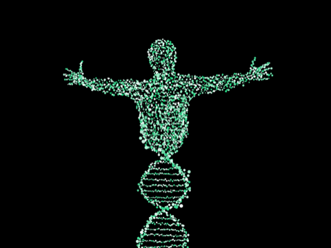 A human figure formed from luminous points above a strand of DNA