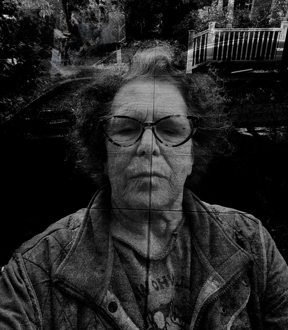 Layered black-and-white self-portrait
